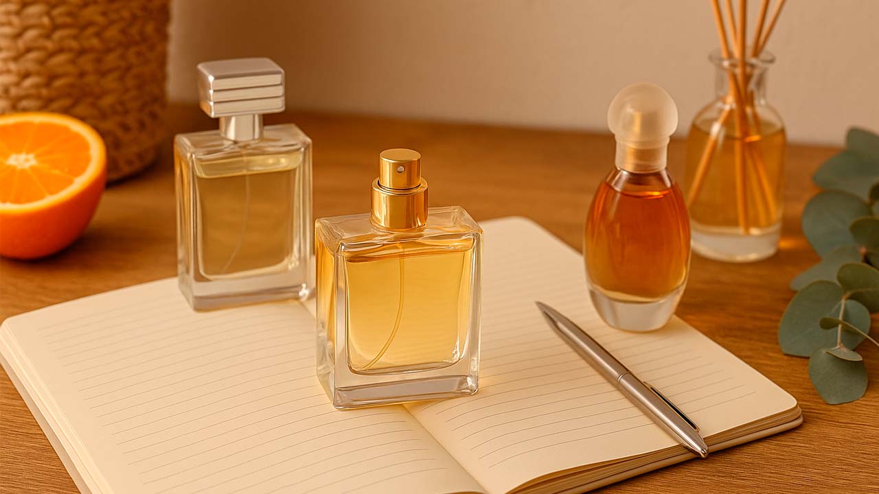 Perfumes sobre mesa elegante