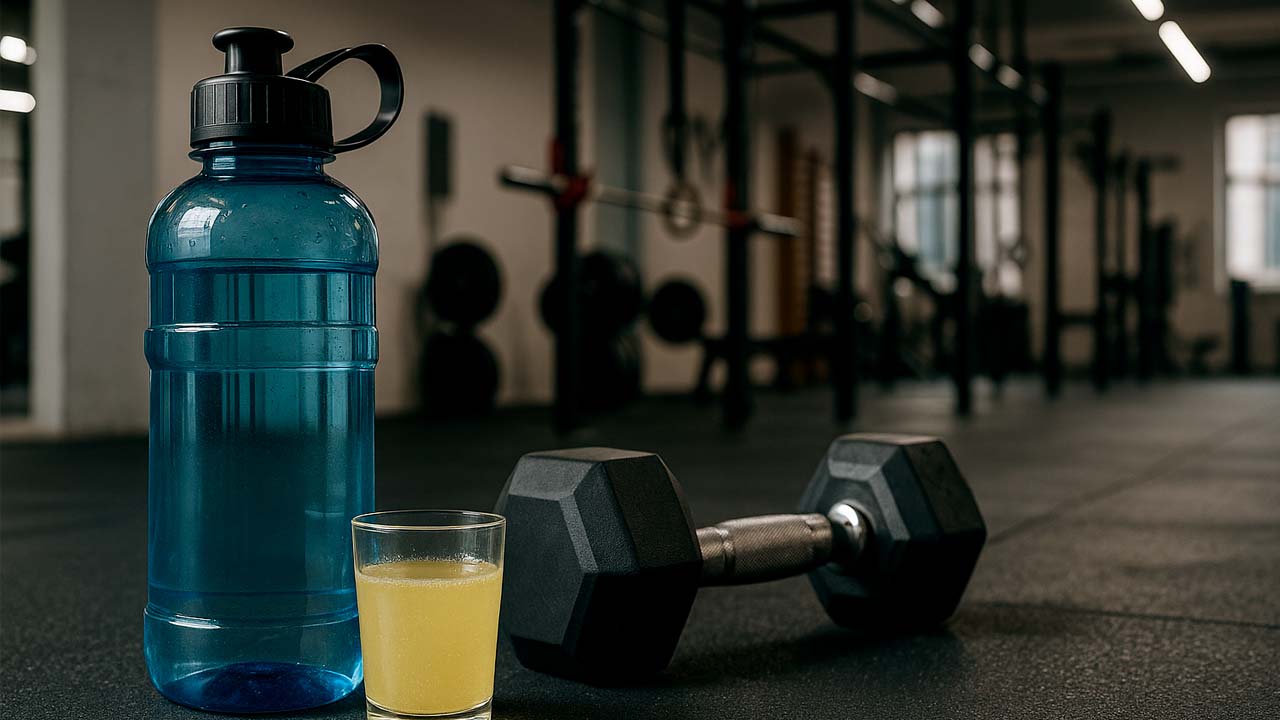 Bebida y pesa en gimnasio
