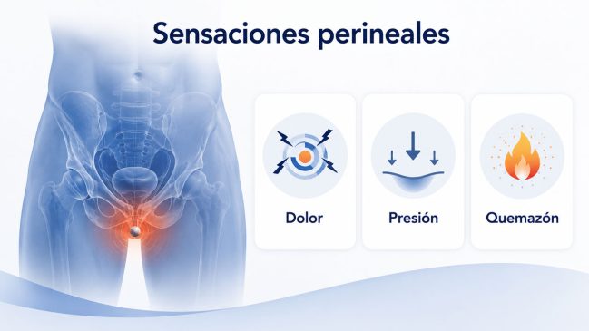 Pelvis masculina con el perineo resaltado y tarjetas de dolor, presión y quemazón