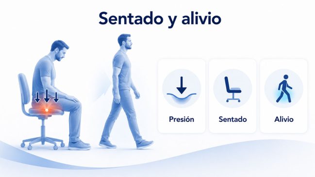 Hombre sentado con presión en el perineo y el mismo hombre caminando con alivio