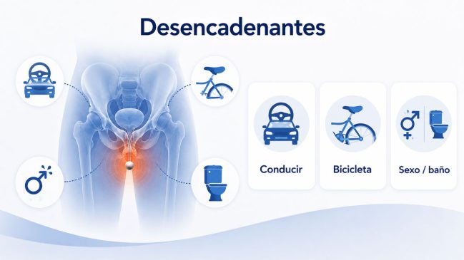 Pelvis masculina con el perineo resaltado y símbolos de conducción, bicicleta, sexo y defecación
