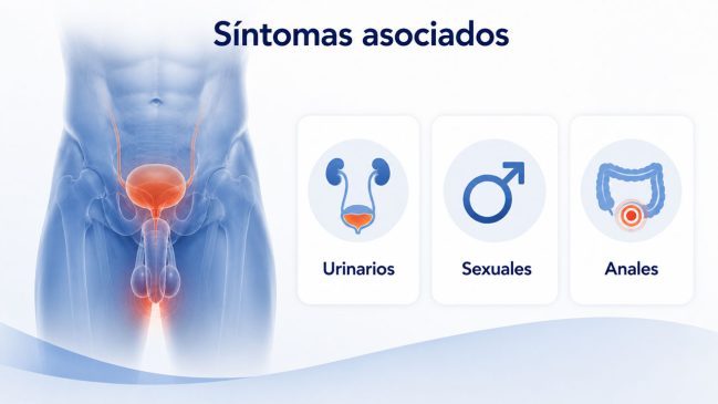 Pelvis masculina con la vejiga, los genitales y la zona anal resaltados junto a tarjetas de síntomas