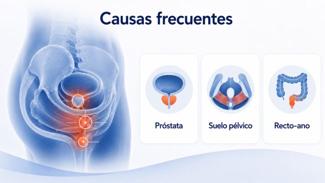 Corte lateral de la pelvis masculina con la próstata, el suelo pélvico y la zona rectoanal señalados