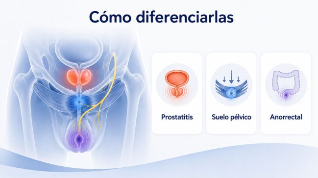 Pelvis masculina con la próstata, el suelo pélvico, el nervio pudendo y la zona anorrectal destacados