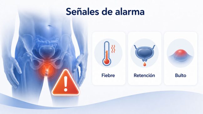 Pelvis masculina con dolor resaltado, un símbolo de alerta y tarjetas de fiebre, retención y bulto
