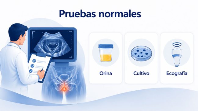 Médico revisando una ecografía pélvica junto a tarjetas de orina, cultivo y ecografía