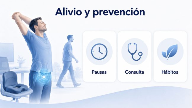Hombre estirándose junto a una silla con cojín y tarjetas de pausas, consulta y hábitos