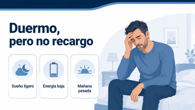 Hombre cansado sentado en la cama junto a tarjetas de sueño ligero, energía baja y mañana pesada