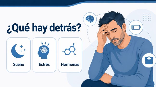 Hombre cansado con la mano en la frente junto a tarjetas de sueño, estrés y hormonas