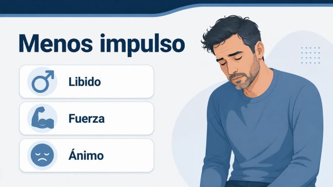 Hombre cabizbajo junto a tarjetas con iconos de libido, fuerza y ánimo