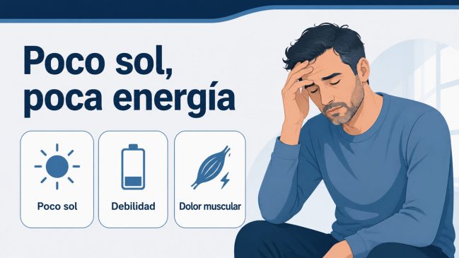 Hombre cansado junto a tarjetas de poco sol, debilidad y dolor muscular
