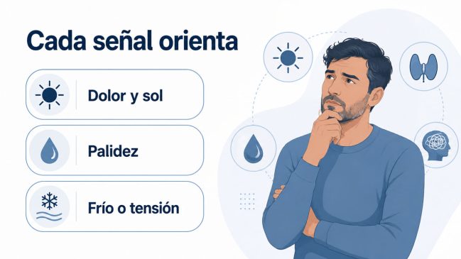 Hombre pensativo rodeado de iconos médicos junto a tarjetas de dolor y sol, palidez y frío o tensión