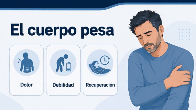 Hombre cansado sujetándose el brazo junto a tarjetas de dolor, debilidad y recuperación
