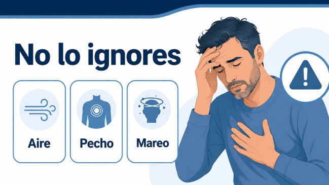Hombre con una mano en el pecho y otra en la frente junto a tarjetas de aire, pecho y mareo