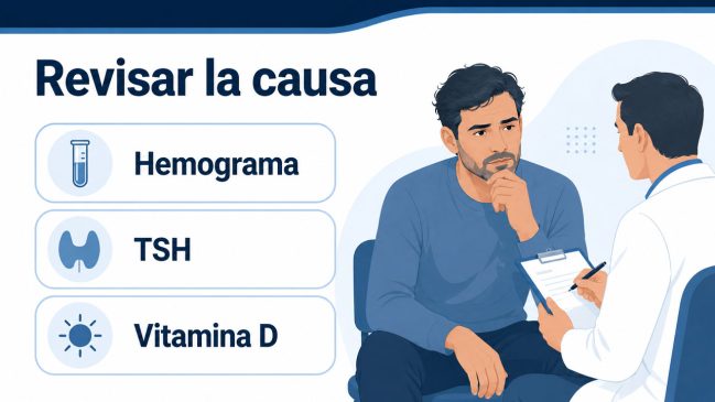 Paciente sentado frente a un médico con portapapeles junto a tarjetas de hemograma, TSH y vitamina D